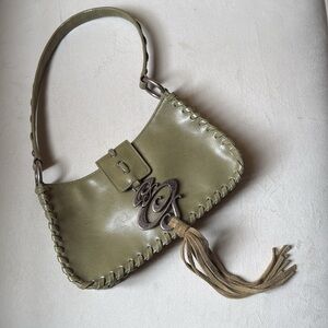 Guess Vintage Green Shoulder Bag with Suede Tassel and whipstitch trim